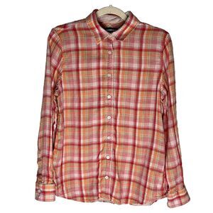 Lands End Womens Shirt Sz 12 Double Cloth Coral Fusion Plaid Long Sleeve 508003